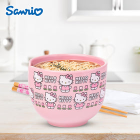 Close-up of Hello Kitty flower pattern on the ramen bowl.