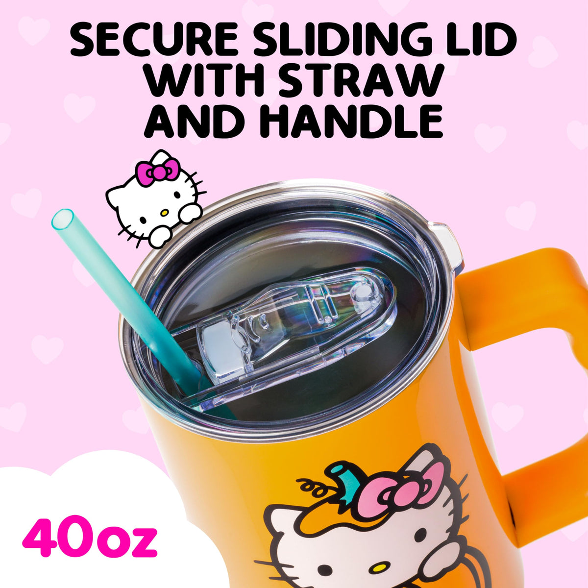 Silver Buffalo Hello Kitty tumbler with green straw for easy sipping.