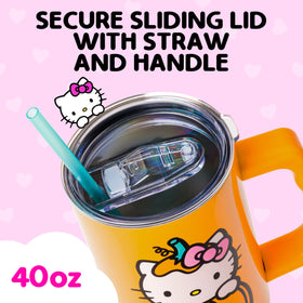 Silver Buffalo Hello Kitty tumbler with green straw for easy sipping.
