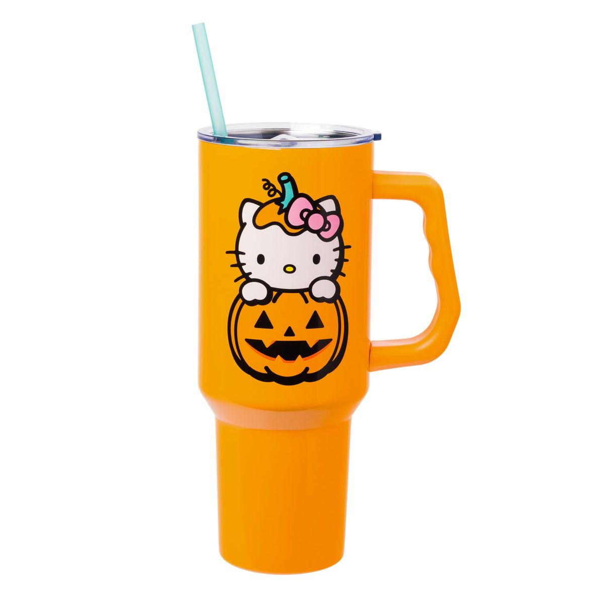 Silver Buffalo Hello Kitty jack-o-lantern tumbler with reusable straw for on-the-go hydration.