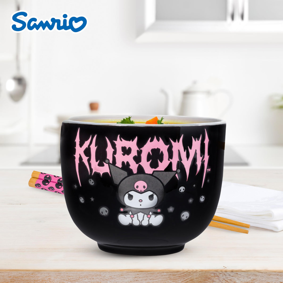 Silver Buffalo Hello Kitty and Kuromi bowl top-view showcases wide mouth.