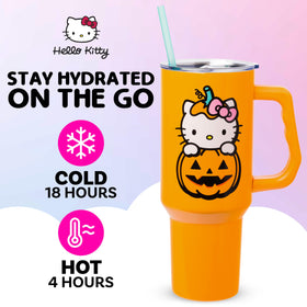 Silver Buffalo Hello Kitty orange tumbler close-up highlighting Halloween design.