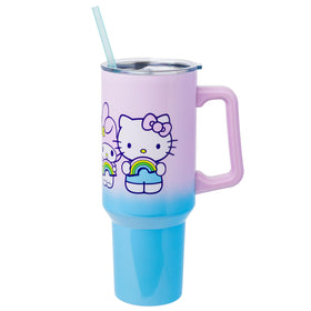 Silver Buffalo Hello Kitty rainbow-ombre tumbler with secure lid for on-the-go hydration