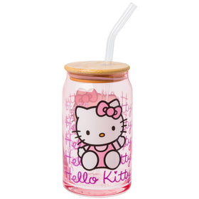 Silver Buffalo Hello Kitty tumbler pink glass with bamboo lid for on-the-go hydration
