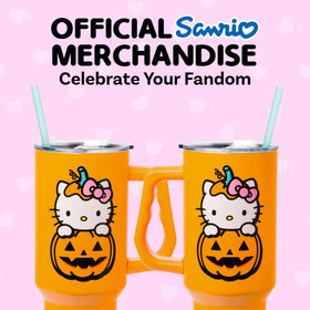 Silver Buffalo Hello Kitty tumbler with secure lid for spill prevention.