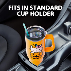 Silver Buffalo Hello Kitty tumbler with handle for comfortable carrying.