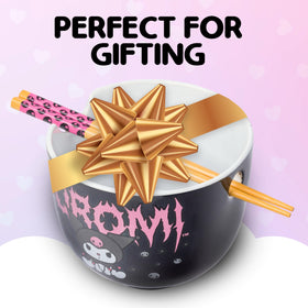 Silver Buffalo Kuromi bowl with chopsticks on display for convenient meals.