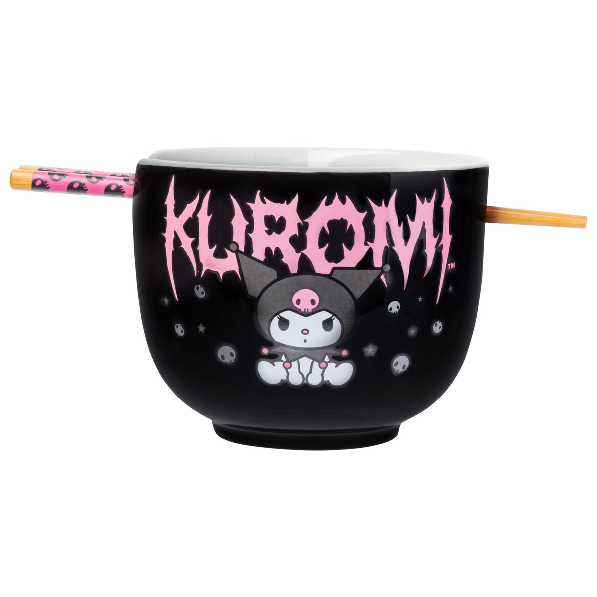 Silver Buffalo Kuromi ramen bowl with chopsticks, ideal for noodle meals.