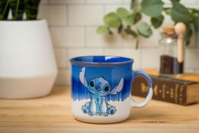 Silver Buffalo Lilo and Stitch mug side angle showing the unique reactive glaze texture