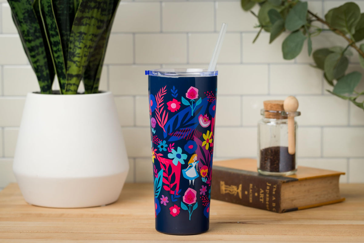 Silver Buffalo tumbler with straw lid is perfect for travel and desk use.