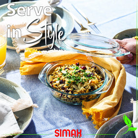 SIMAX glass casserole dish in oven; heat-safe bake-and-serve.