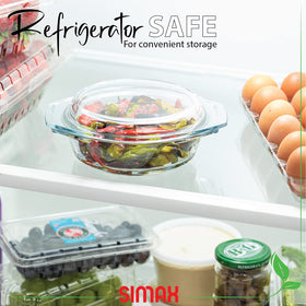 SIMAX glass casserole dish open top; easy to view and portion leftovers.