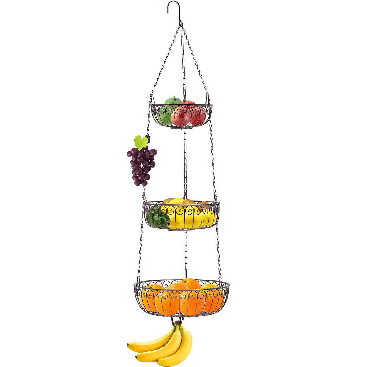 Simple Houseware bronze 3-tier basket bottom view accommodates large fruits.