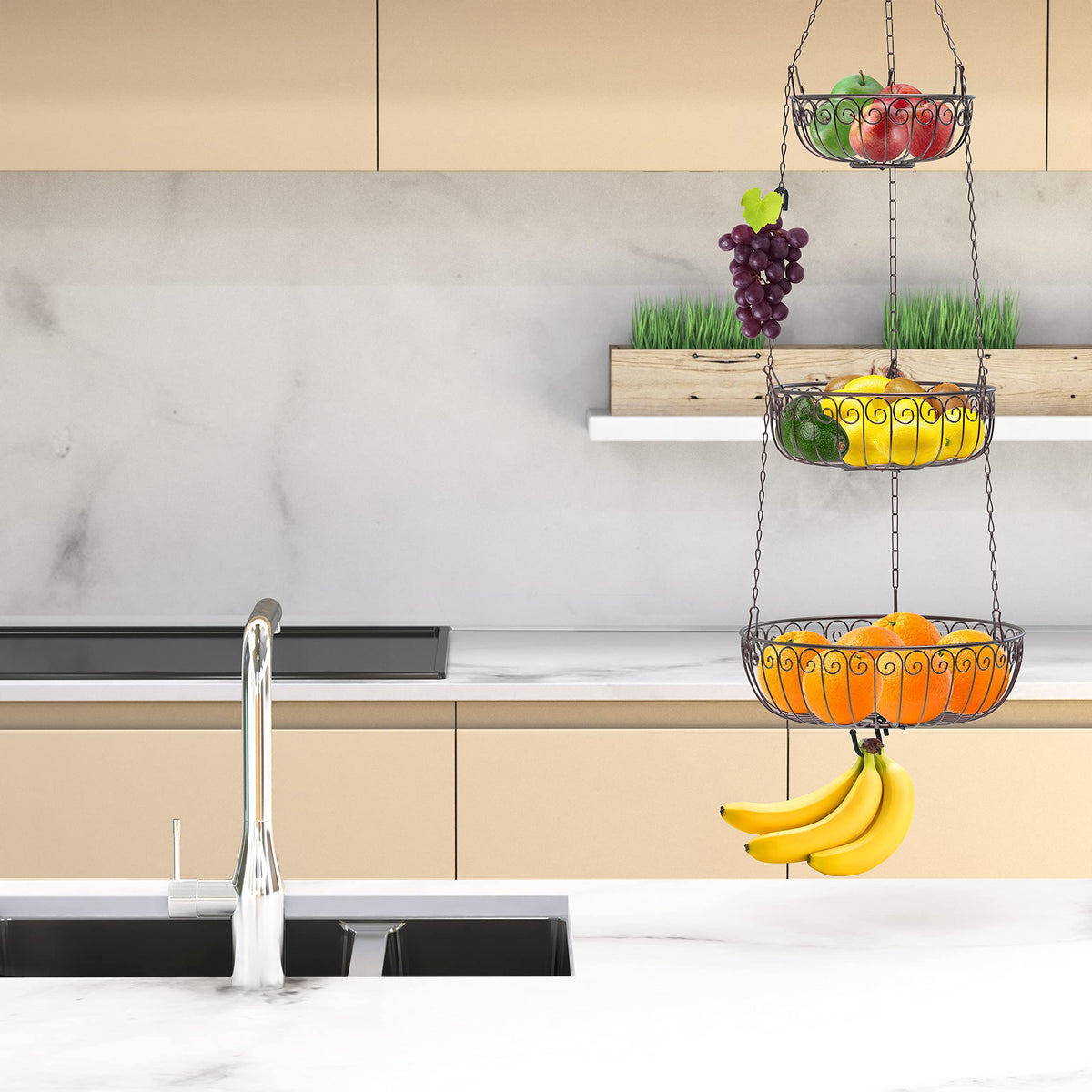 Simple Houseware bronze hanging setup shown to install with sturdy hook.