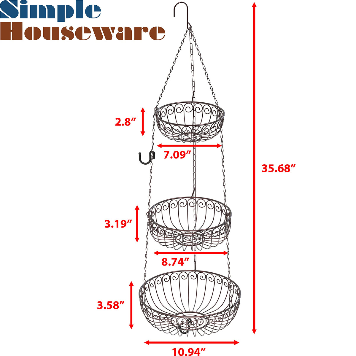 Simple Houseware bronze 3-tier basket middle view highlights balanced space for mid-size fruits.