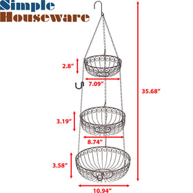 Simple Houseware bronze 3-tier basket middle view highlights balanced space for mid-size fruits.