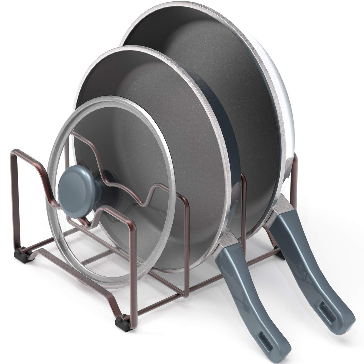 Simple Houseware bronze rack organizes cookie sheets and bakeware.