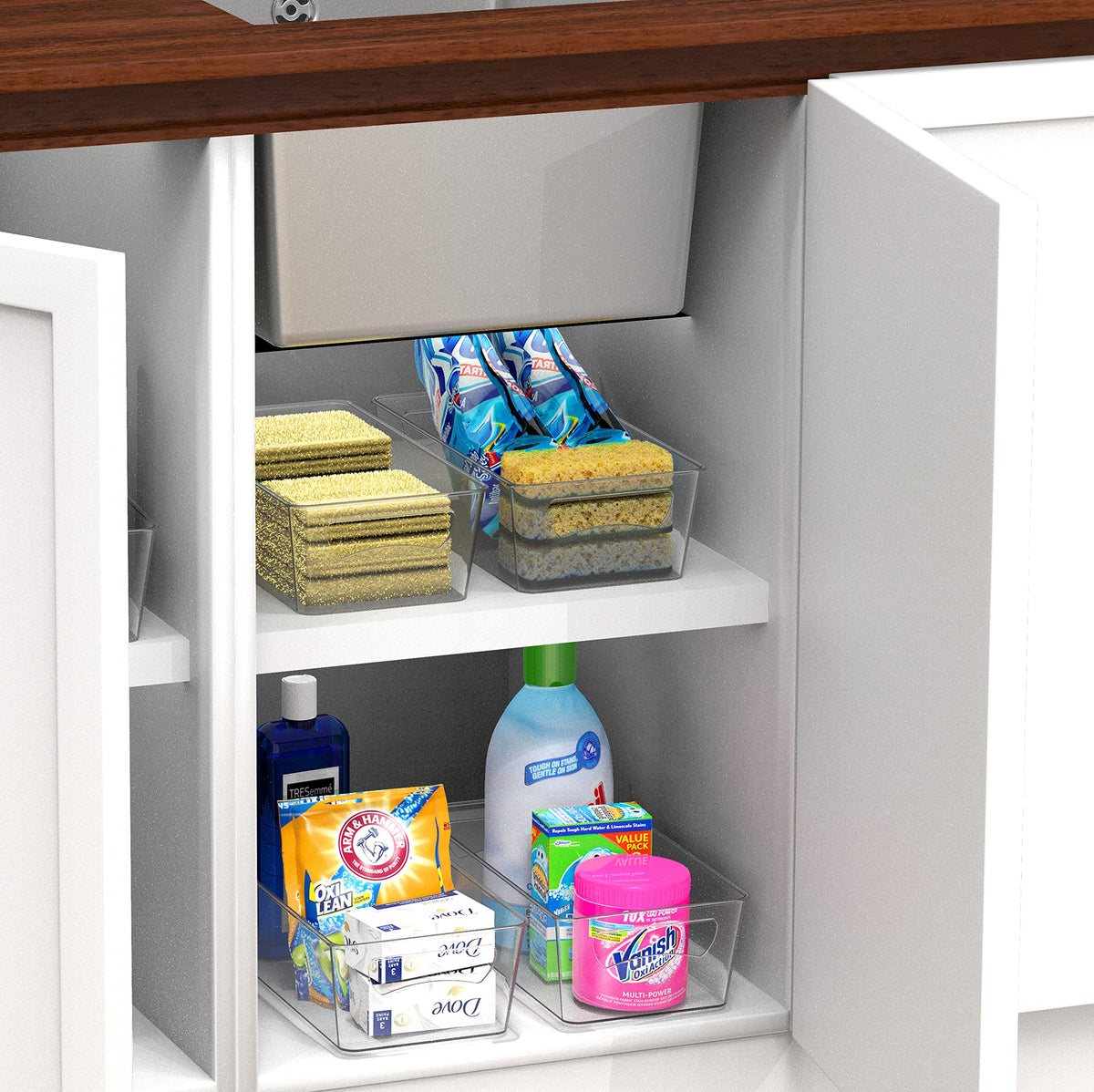 Simple Houseware clear bin with assorted sizes helps maximize space and organization.