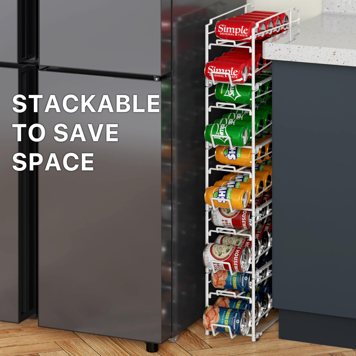 Simple Houseware soda can organizer rack fridge-friendly storage solution.