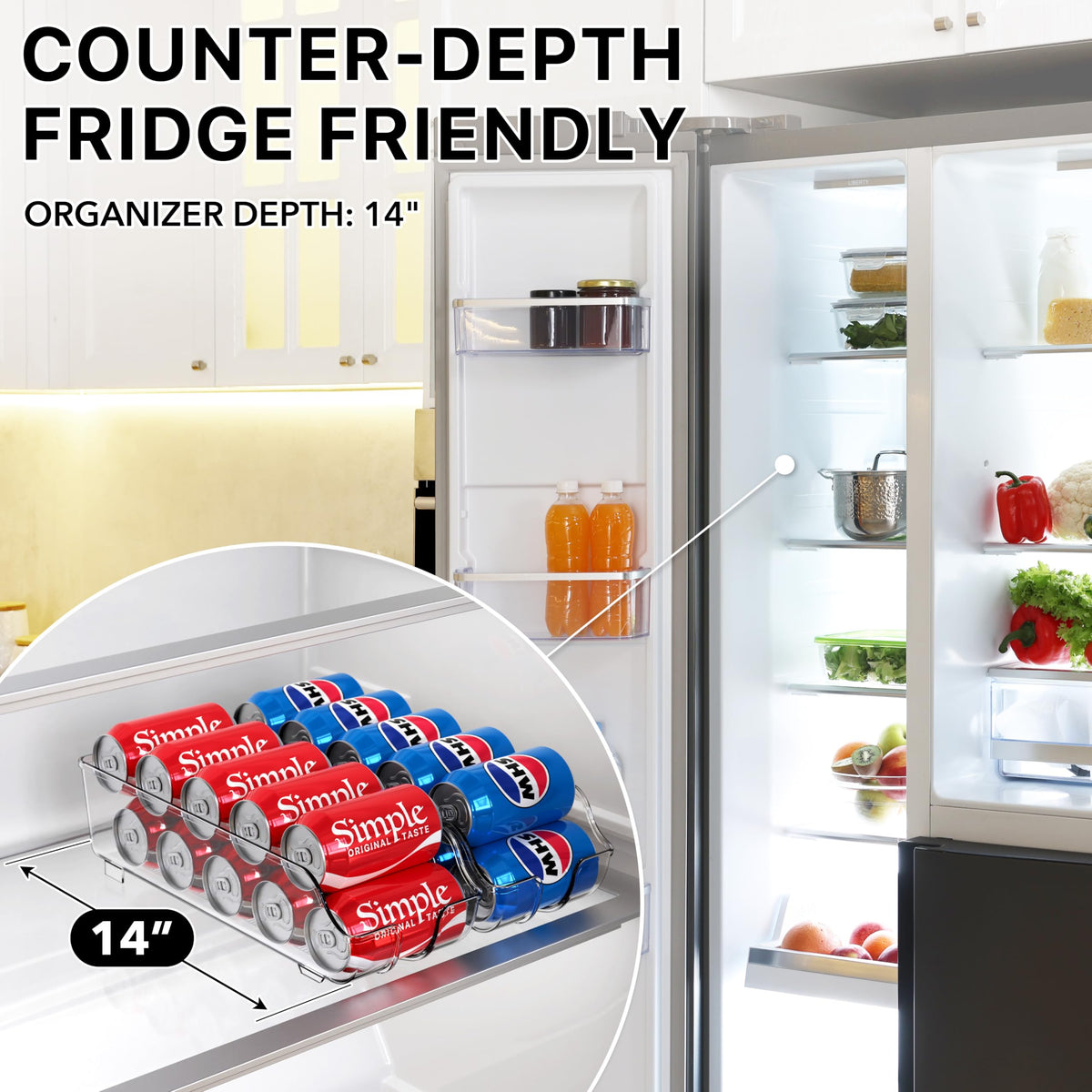 Simple Houseware soda can organizer tilted base for easy forward roll.