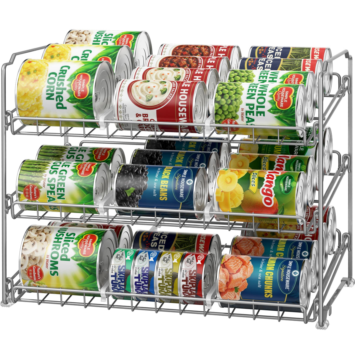 Simple Houseware stackable can rack silver front view for organized pantry storage.