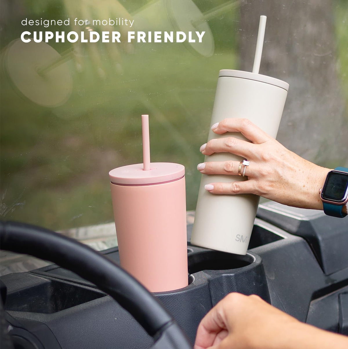 Simple Modern Classic tumbler’s cupholder-friendly shape fits car and gym bottles.