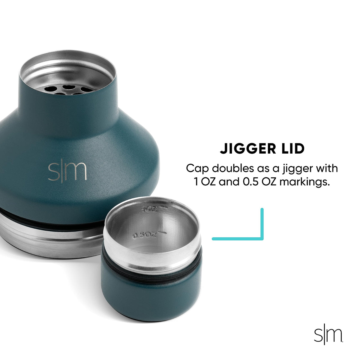 Simple Modern cocktail shaker with jigger cap measures 1/2 and 1 ounce accurately.