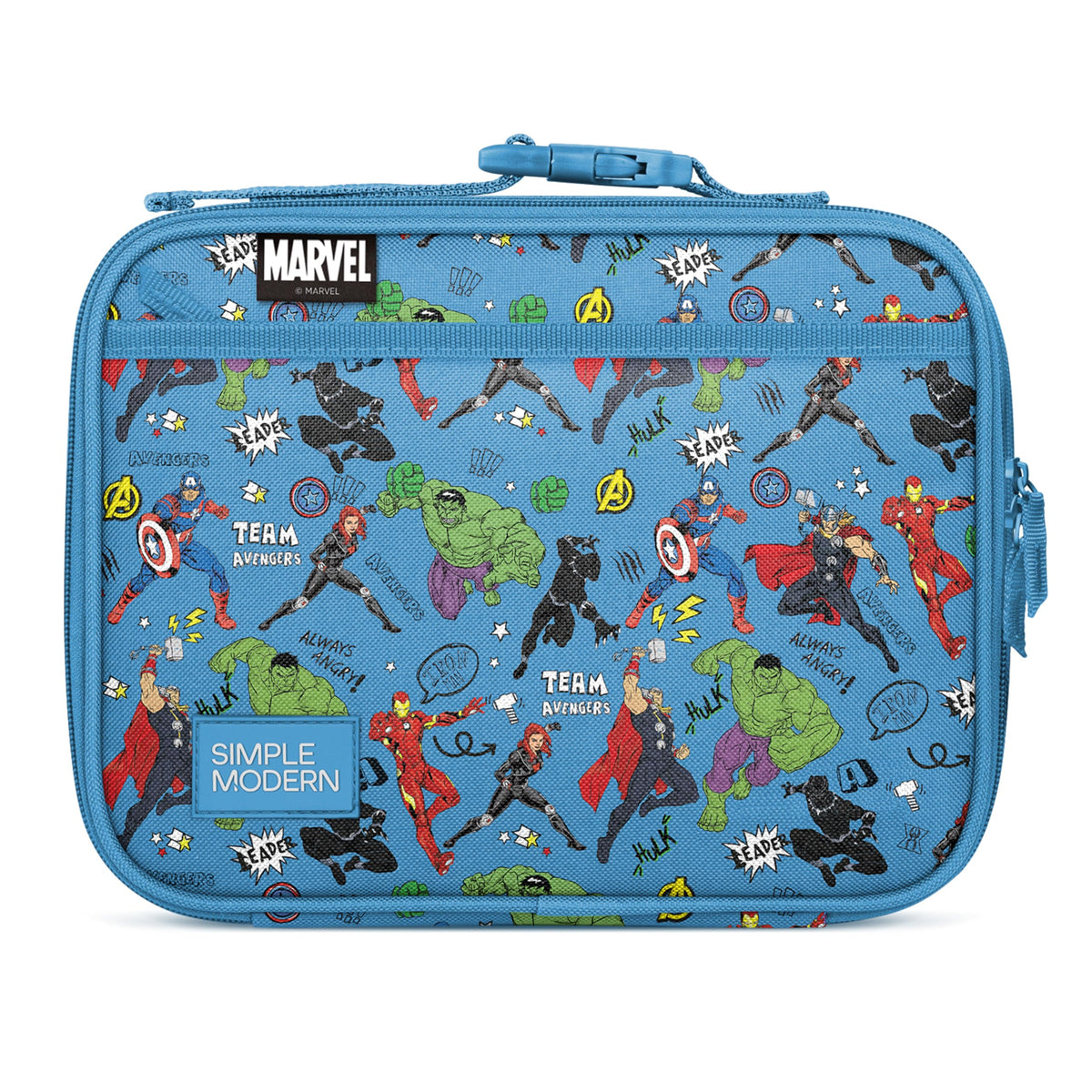 Simple Modern Hadley Avengers lunch bag front view with reinforced handle for school.