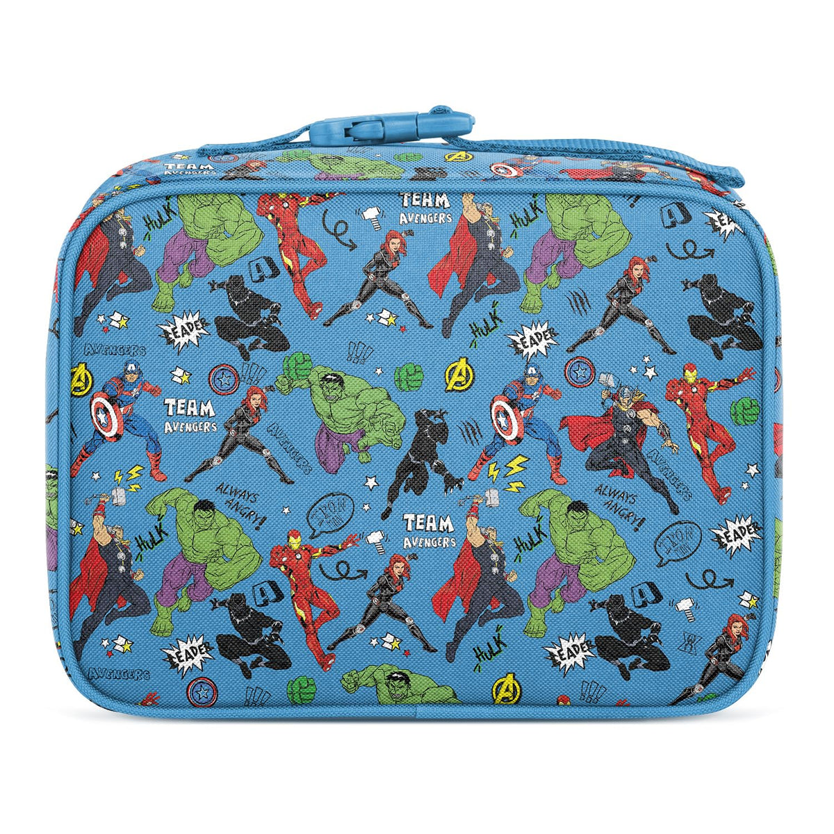 Simple Modern Hadley Avengers lunch bag side view showing durable carry strap.