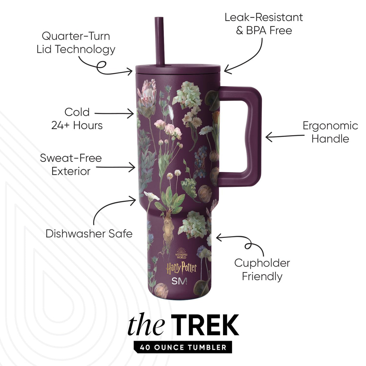 Simple Modern Harry Potter 40 oz Trek tumbler shown for cupholder-friendly transport.