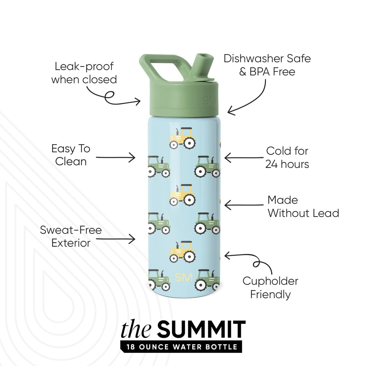Simple Modern Kids Summit bottle with closed lid shows leakproof performance for school days.