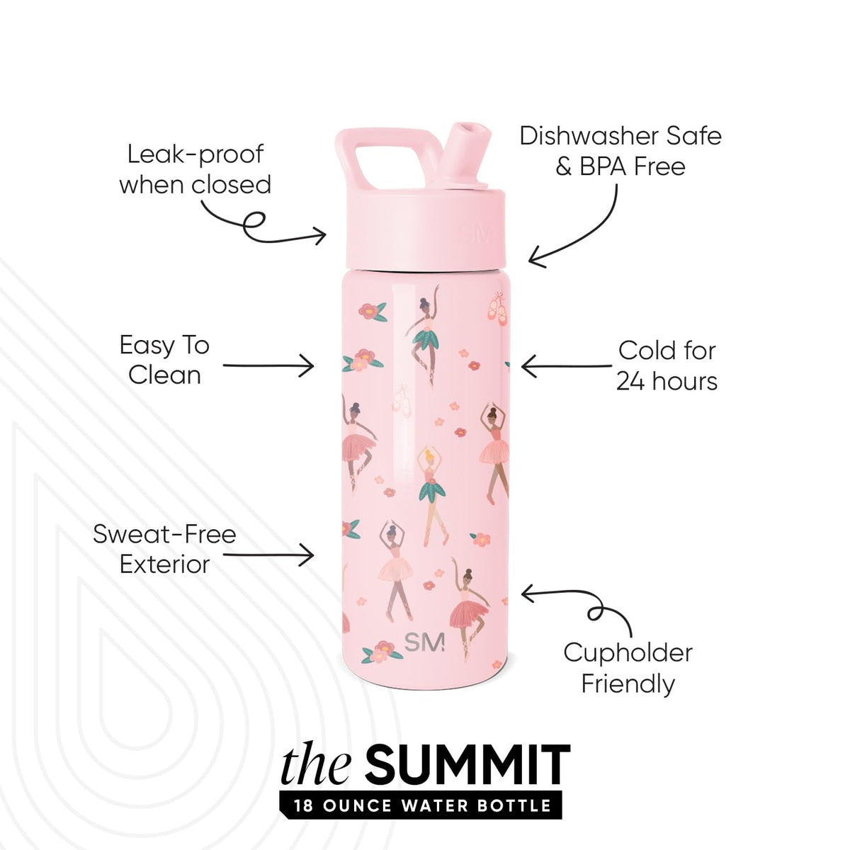 Simple Modern pink ballerina Summit bottle is dishwasher safe for busy families.