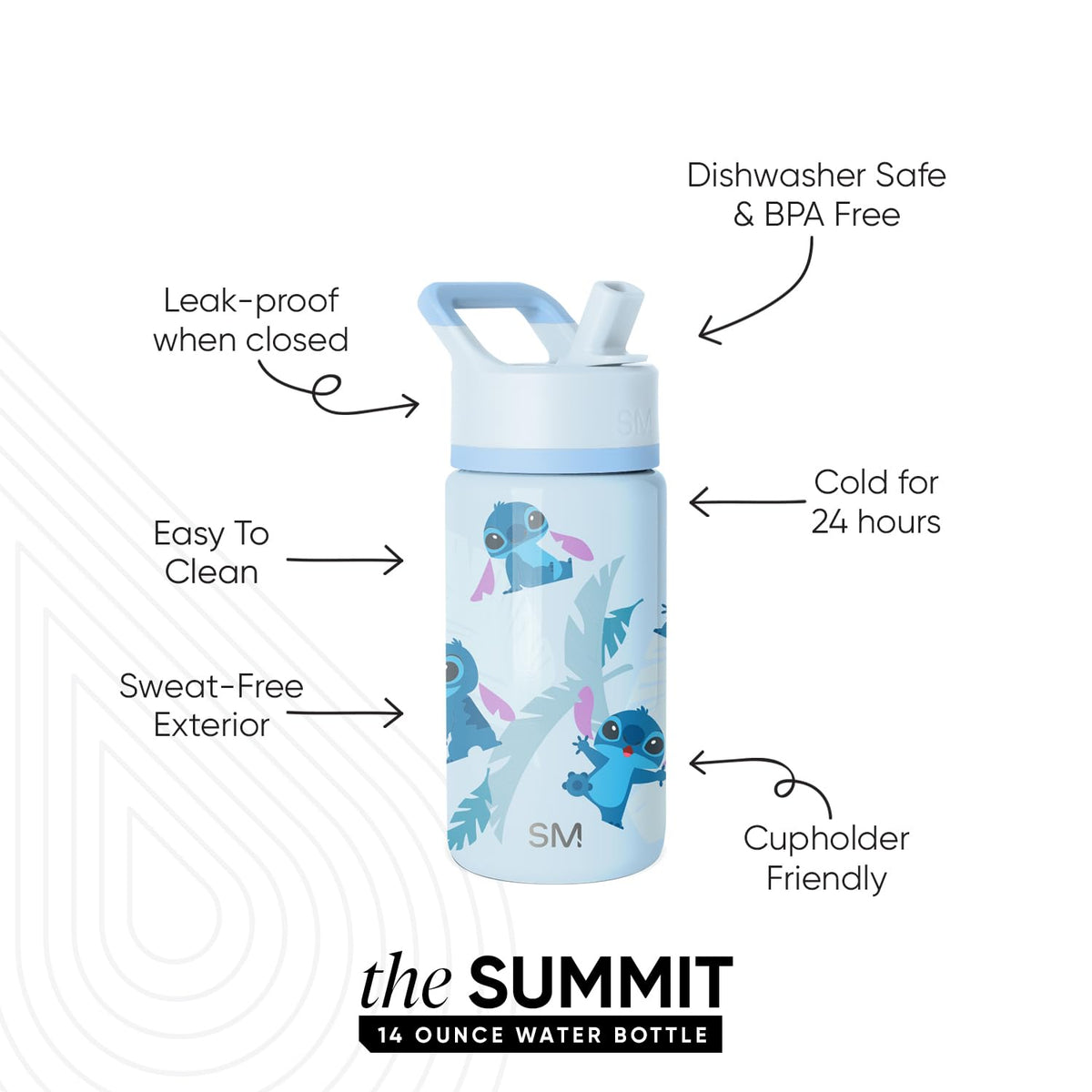 Disney Stitch Summit bottle close-up pattern showcasing kid-friendly design