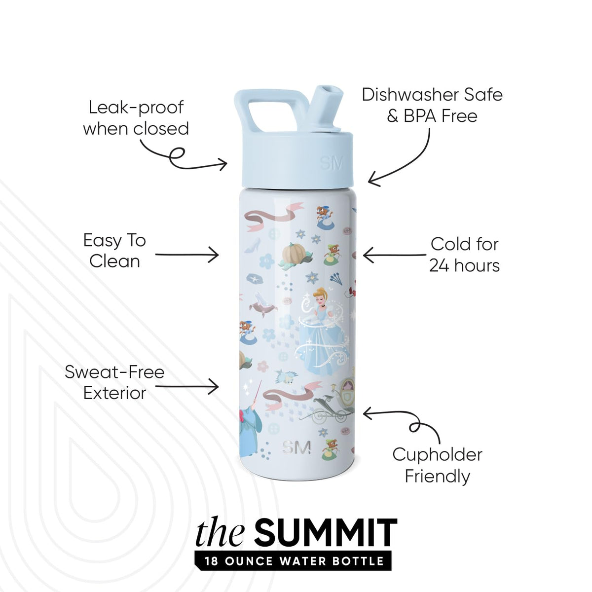 Simple Modern Kids Summit bottle with Cinderella floral Disney Princess design for stylish hydration.