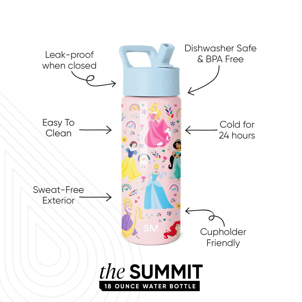 Simple Modern Princess Rainbows design on Summit bottle adds daily fun for school.