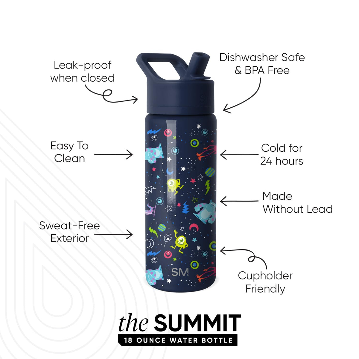 Disney Monsters, Inc. print on Simple Modern summit bottle for school days.