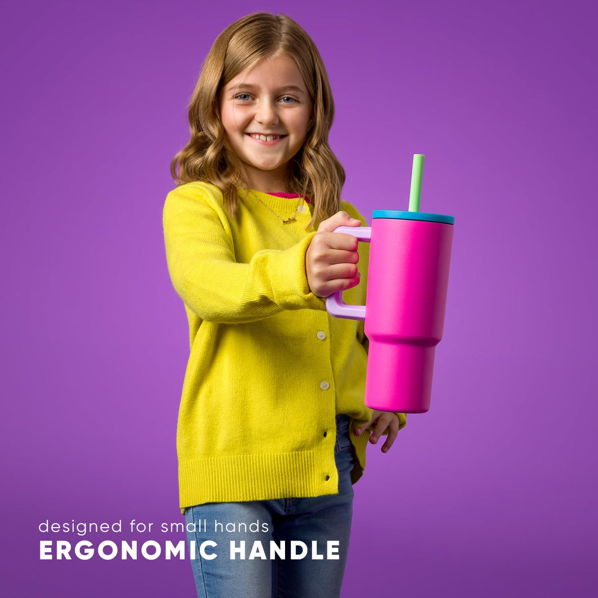 Simple Modern Kids Trek tumbler with ergonomic handle for little hands during trips.