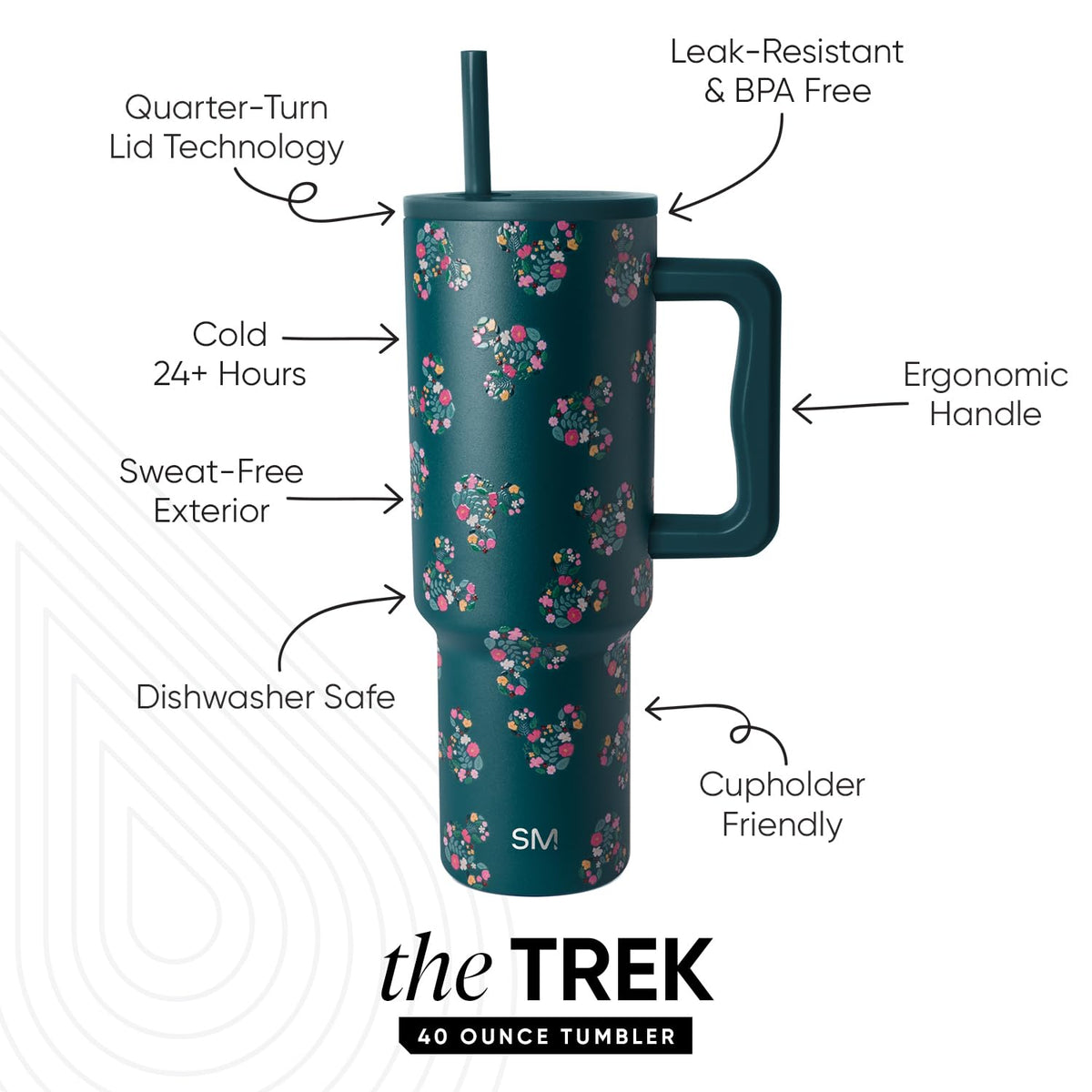 Simple Modern Trek straw lid on 40 oz bottle for flexible sipping.