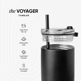 Voyager tumbler held in hand shows cupholder-friendly design for commuting.