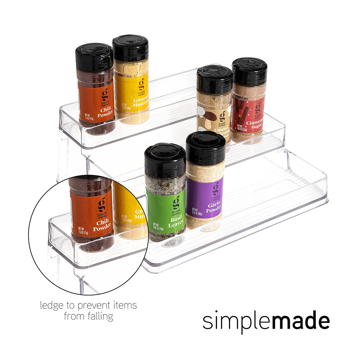 SimpleMade clear-design spice rack simplifies pantry storage with deep shelves.