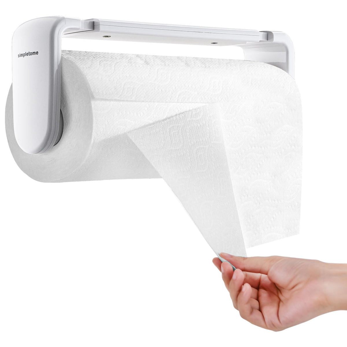 Simpletome paper towel holder showing one-hand tear action for kitchen efficiency.