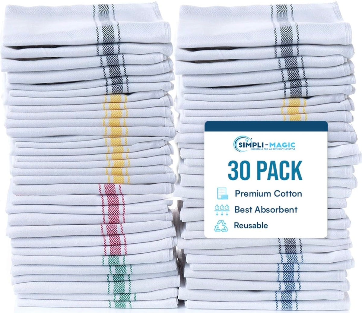 SIMPLI-MAGIC cotton herringbone towels bulk pack front view for quick kitchen cleanup