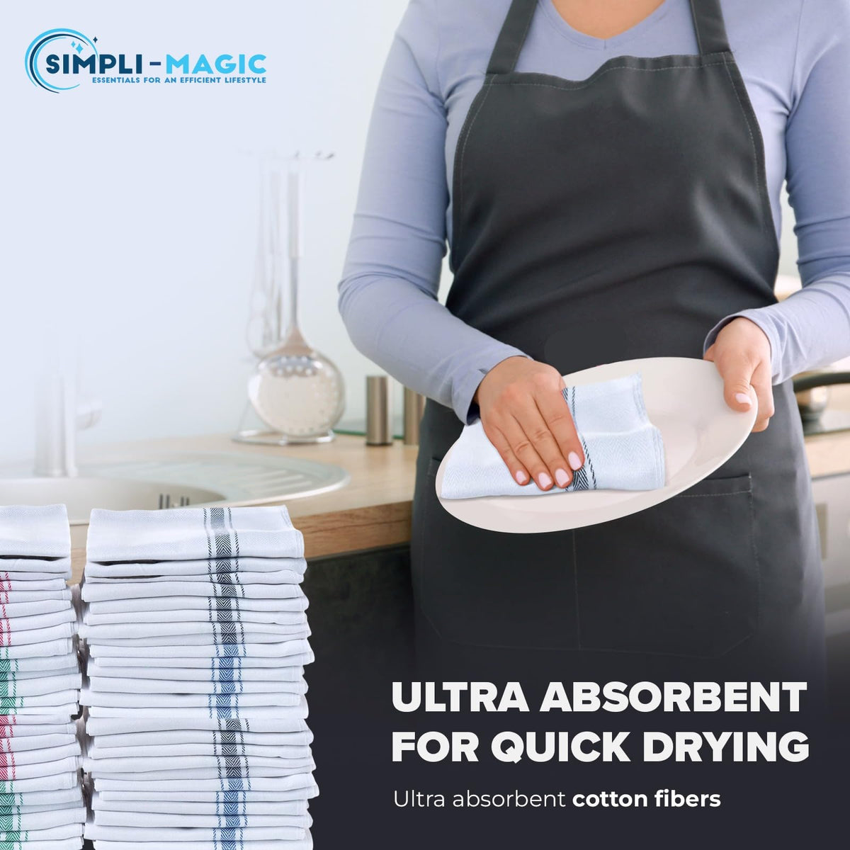 In-use kitchen scene demonstrates convenient spill cleanup and drying with SIMPLI-MAGIC towels