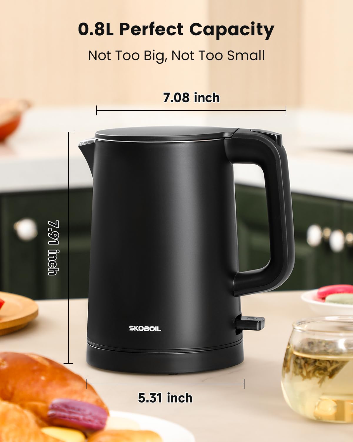 SKOBOIL compact kettle saves counter space in tight kitchens and apartments.
