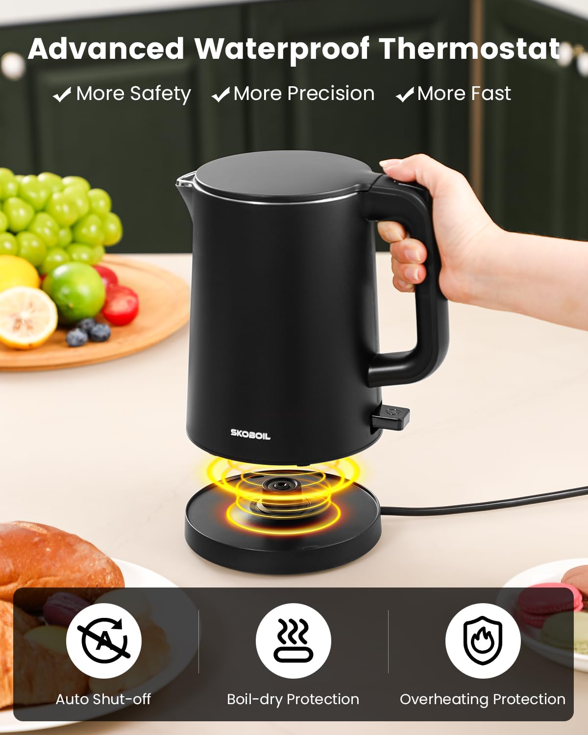 SKOBOIL boils 800ml in about 4 minutes for quick tea or coffee.