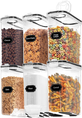 Skroam 6-pack cereal containers with 4L capacity, clear bodies for easy pantry viewing.