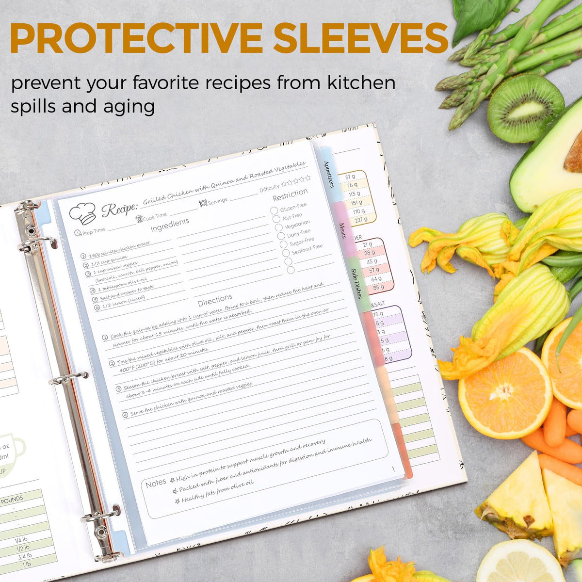 SKYDUE 12 tabbed dividers enable fast access to recipe categories.