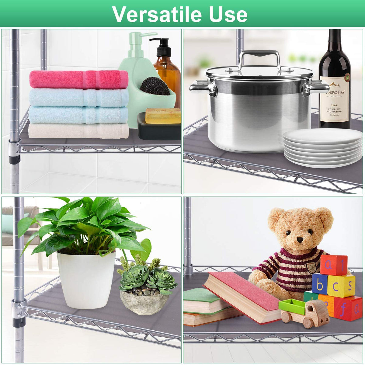 Slendor-gray shelf liner provides a neutral, non-slip surface on tier shelving