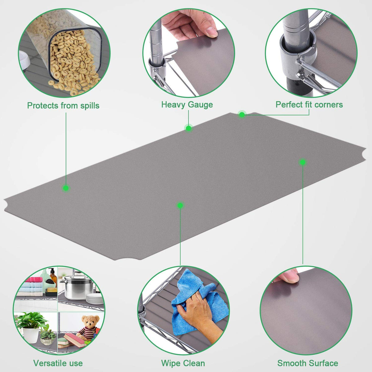 On a wire shelf, Slendor liner improves item containment and visibility.