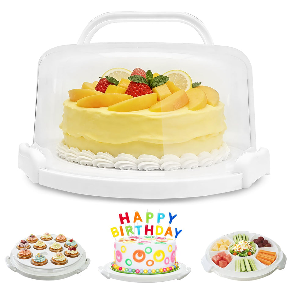 Slomg cake carrier with lid and handle keeps desserts secure during transport.